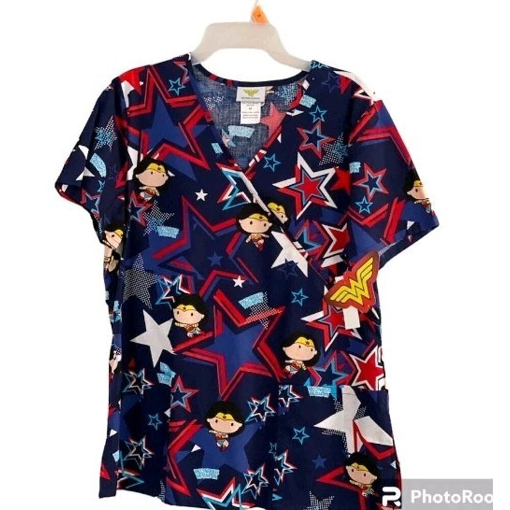 Wonder Woman Scrub Top Mock Wrap Top Cotton Nurses CNA DC Comics